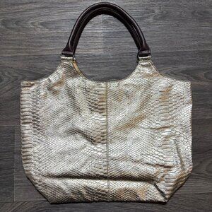 Neiman Marcus Snakeskin Embossed Gold Tote Bag Faux Leather Brown Handle Y2K 00s